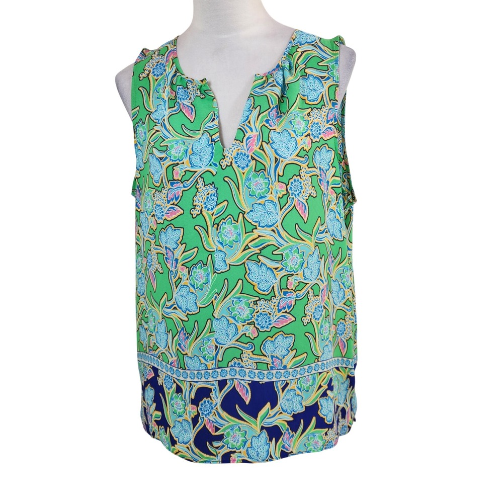 Rose + Olive V-Neck Blouse Womens Green Blue Floral Tank Top Resortwear Size XL